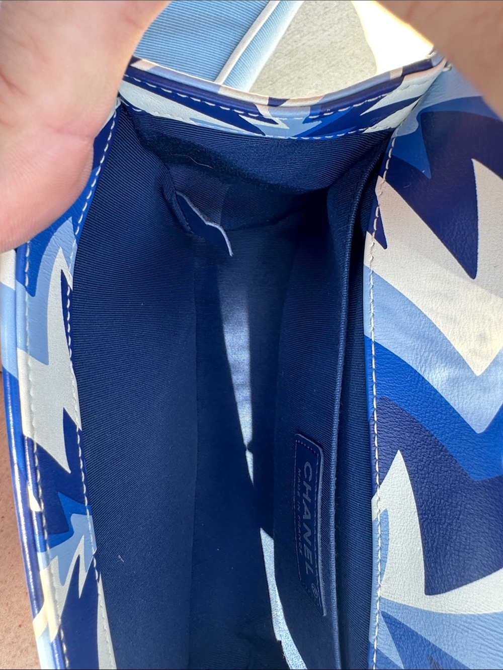 CHANEL Blue & White Chevron Boy Bag with Chain Strap - Picture 10 of 12